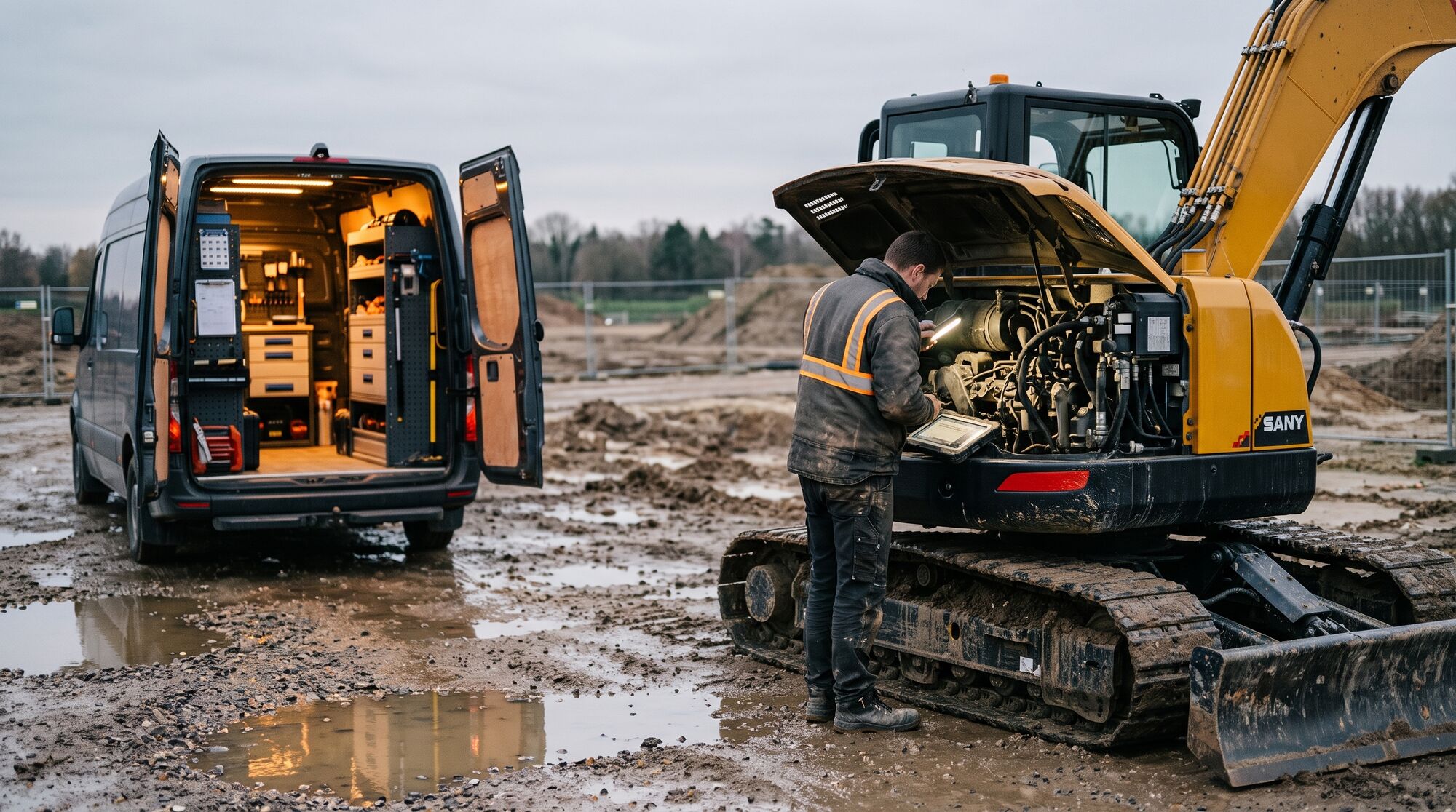 Technicien de l'atelier intervenant sur une pelle SANY en plein chantier
